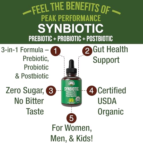 Organic Synbiotic 3-in-1 Pre, Pro, & Post Biotics Liquid Drops for Gut + Microbiome Balance | Suitable for Women, Men &
