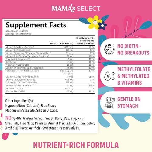 Mama's Select Allergen-Free Prenatal Vitamins for Women - MTHFR Friendly, Methylated Folate & B Vitamins, Supports Fetal